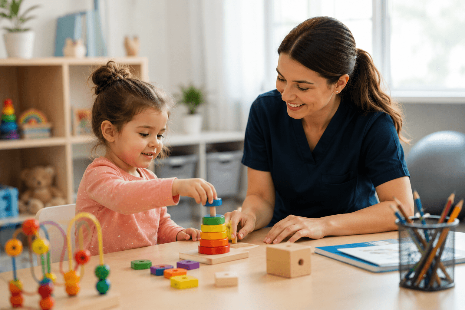 Clinician observing a child and reviewing behavior assessment notes