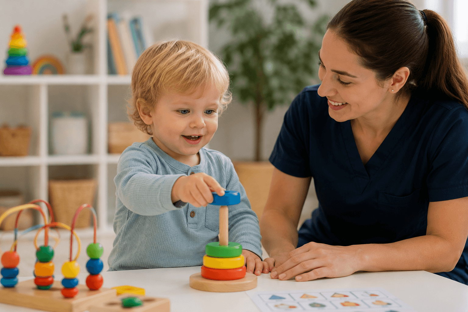 Toddler engaged in early intervention play with a caregiver